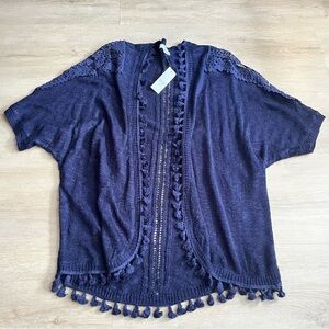 New York & Co Chic shrug sweater open cardigan Navy Blue Tassel NWT SZ S